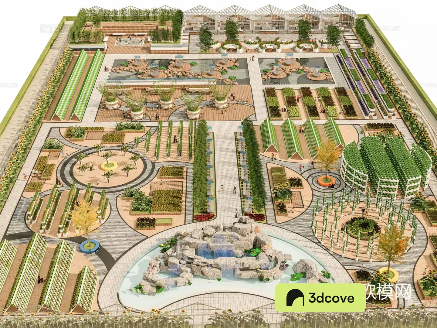 A 3D Rendering Of A Large Garden With Various Plants And A Pond