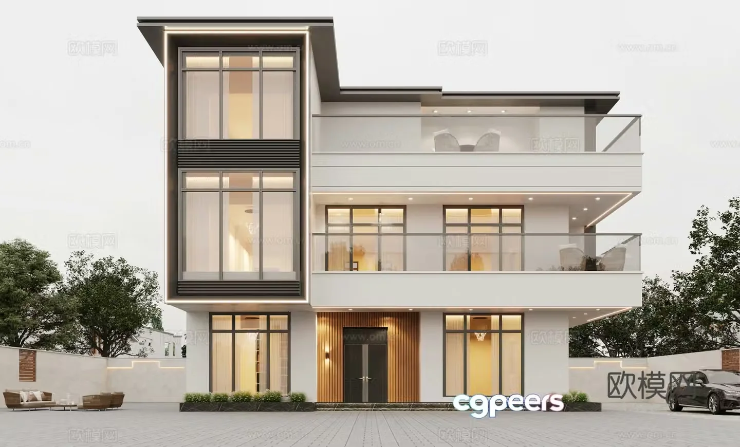Modern villa exterior villa facade single-family villa three-story residential building floor-to-ceiling windows 3D model