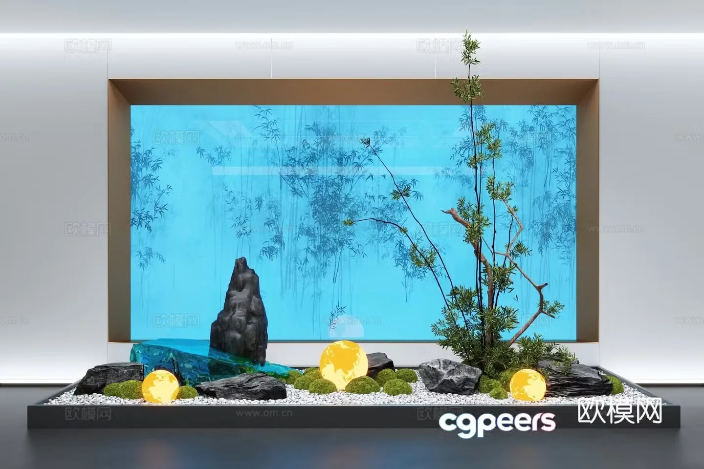New Chinese style interior landscape moss landscape stone interior landscaping 3D model