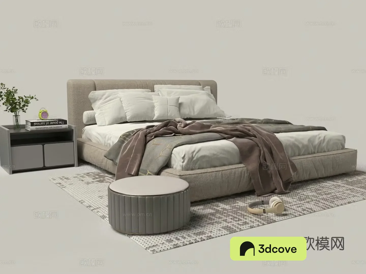 Modern fabric double bed nightstand combination