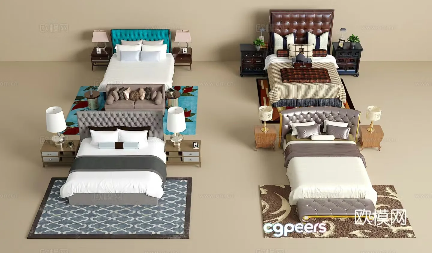 Double bed combination bedside table jewelry ornaments desk lamp carpet pillow 3D model