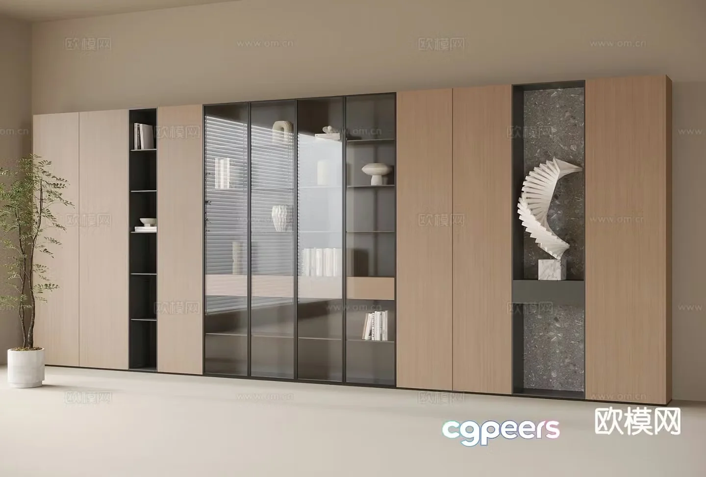 Modern wall-to-wall bookcase 3D model