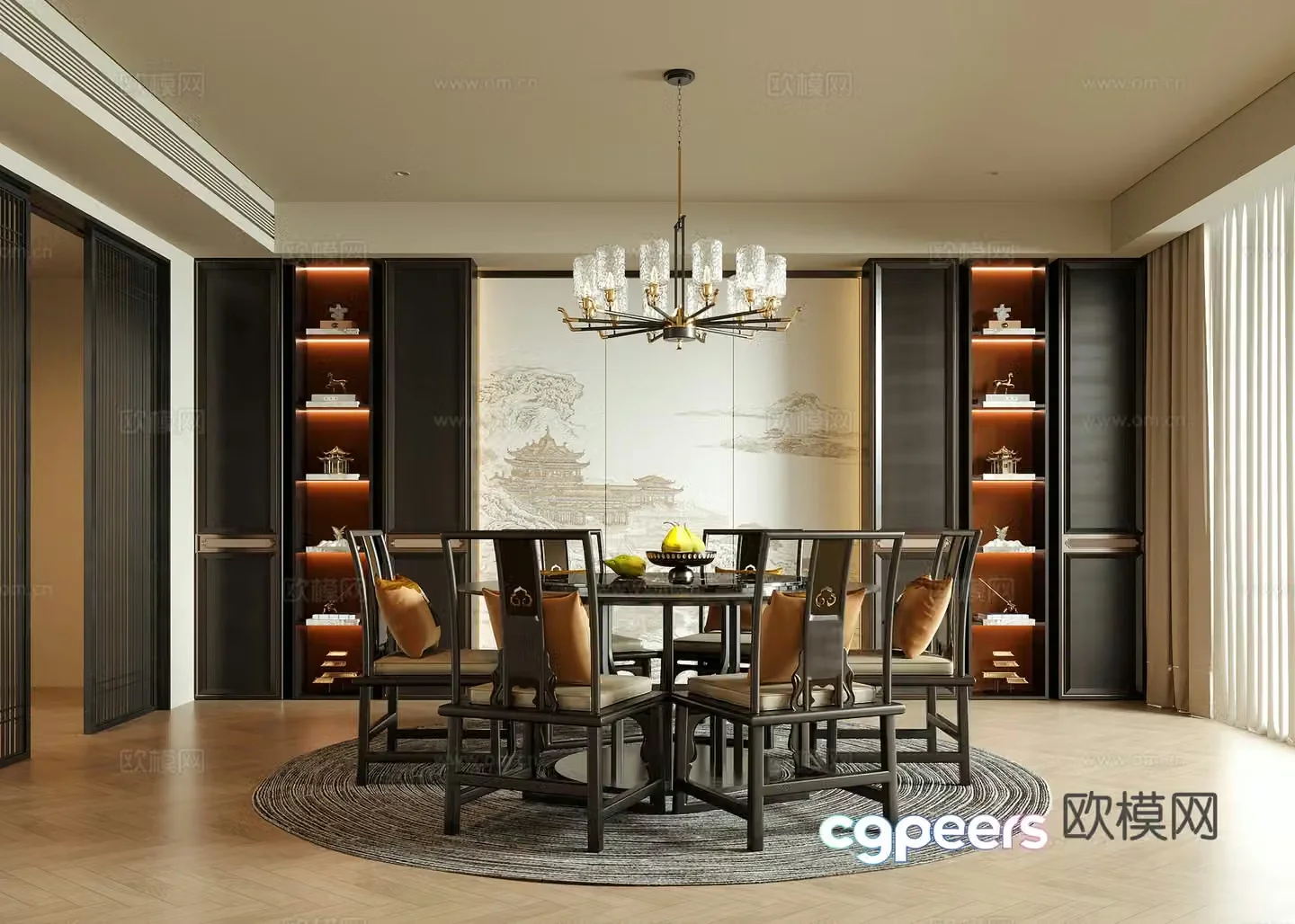 New Chinese restaurant Dining table and chairs Round dining table and chairs Dining chairs Restaurant chandeliers 3D model