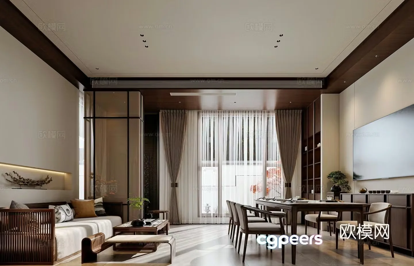 New Chinese style villa living and dining room 3D model
