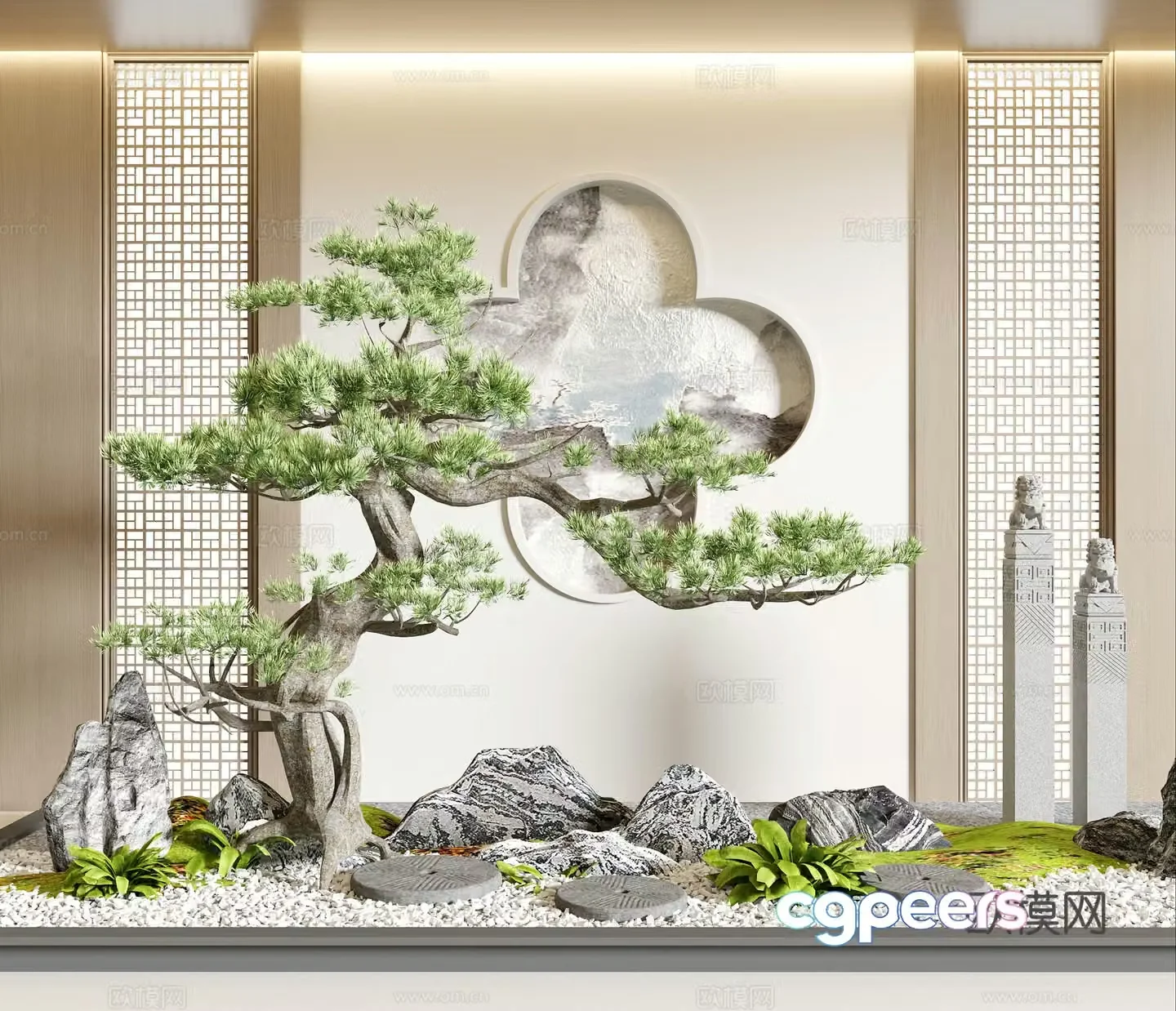 New Chinese style indoor landscape pine tree landscaping 3D model
