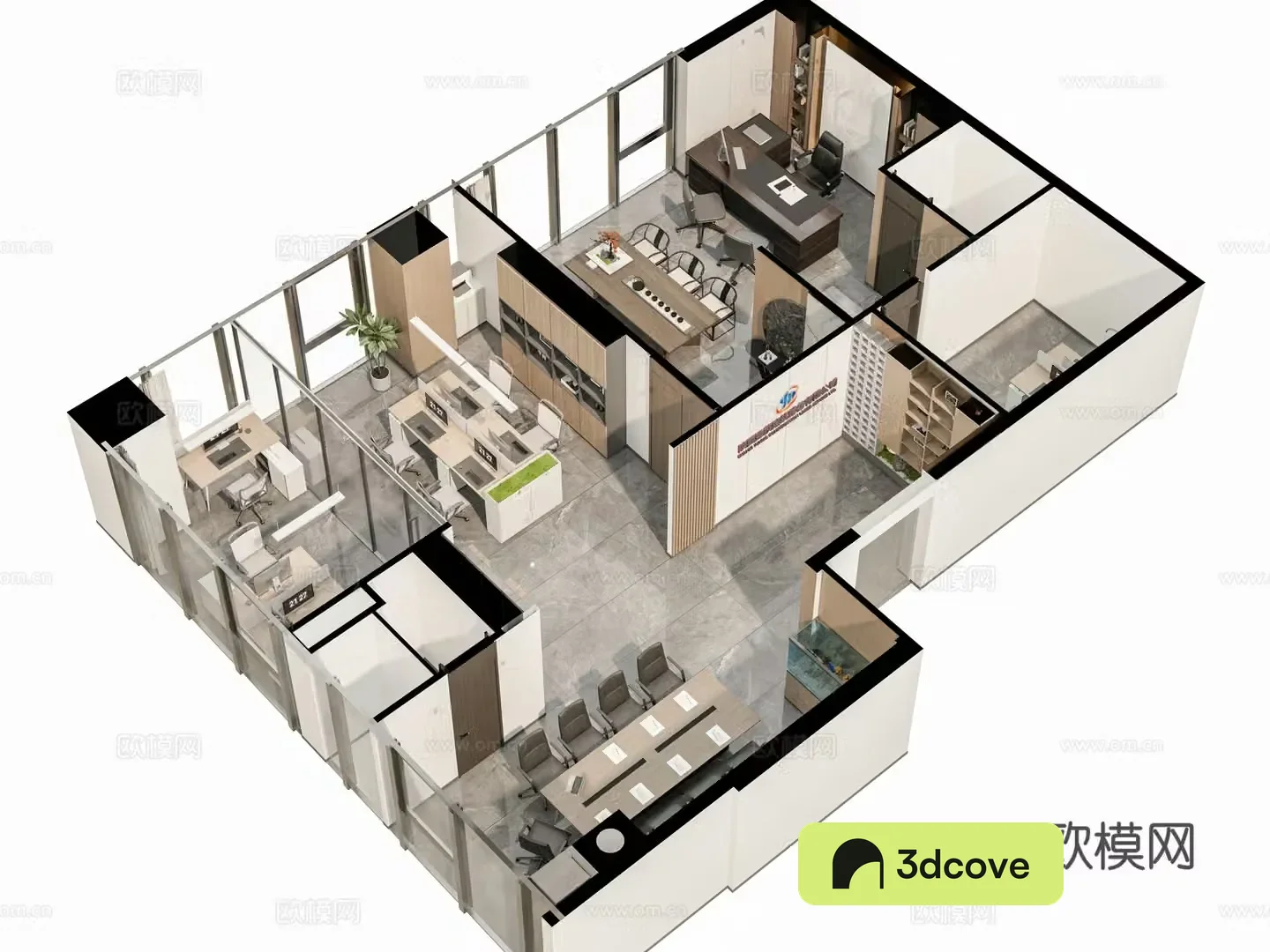 Modern office studio open office area manager office desk conference table