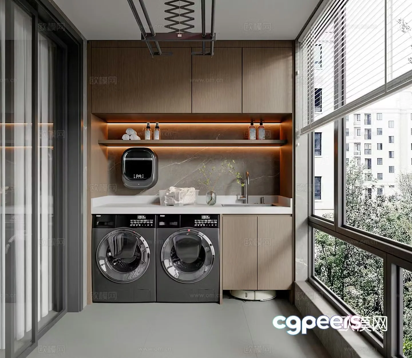 Modern Italian home balcony balcony cabinet washing machine cabinet living balcony leisure balcony 3d model