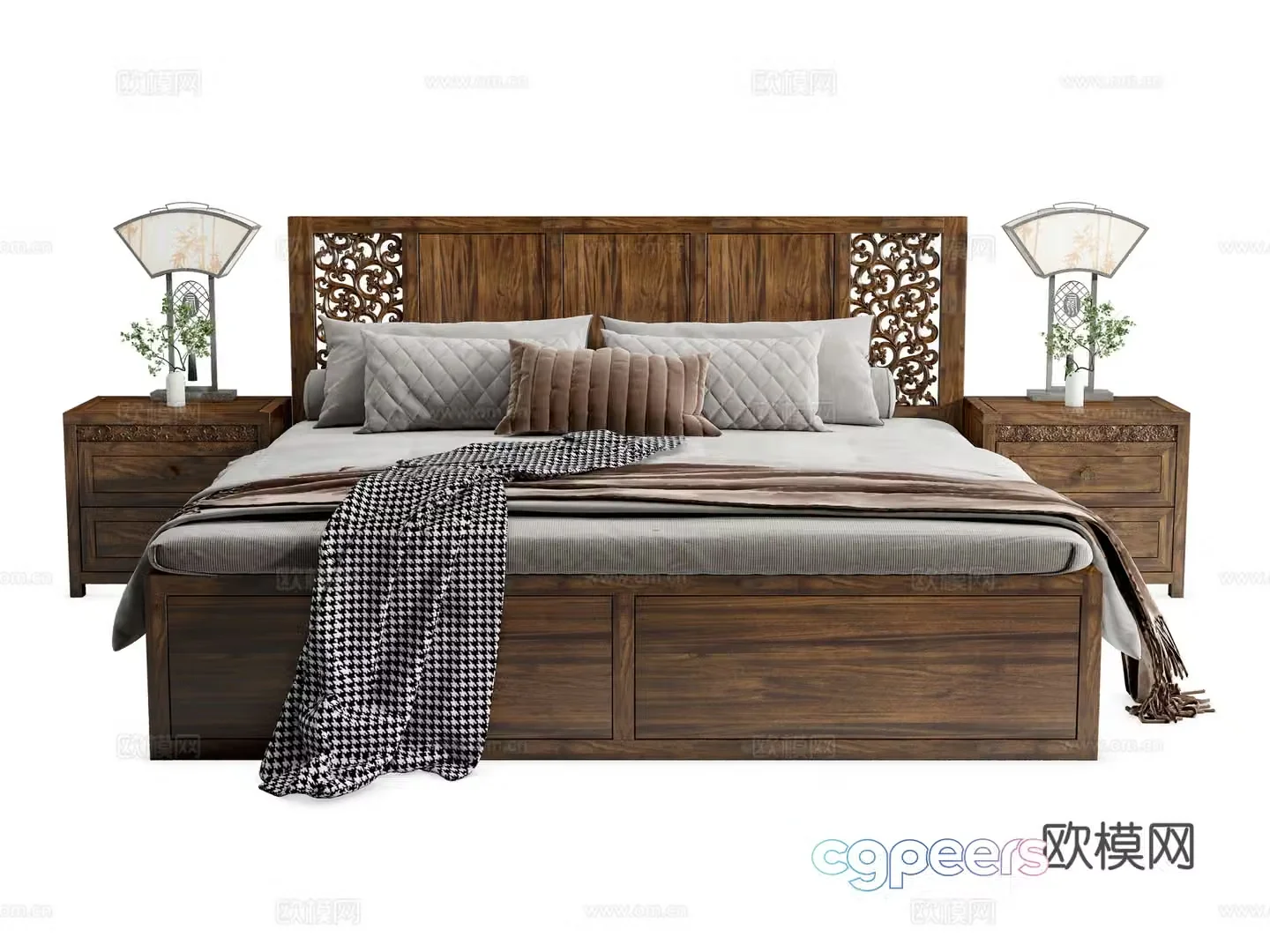 New Chinese style bed solid wood bed hollow carved bed black gold wood double bed bedside table 3D model