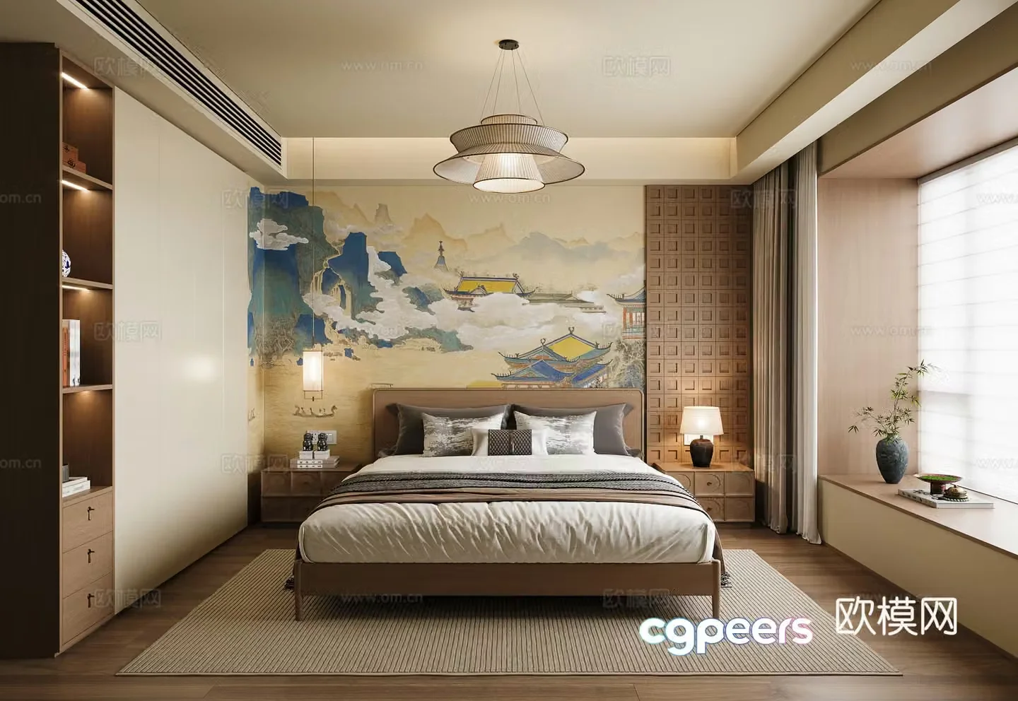 New Chinese style Song style bedroom Song style chandelier Song style desk lamp Song style double bed Song style vase 3D model