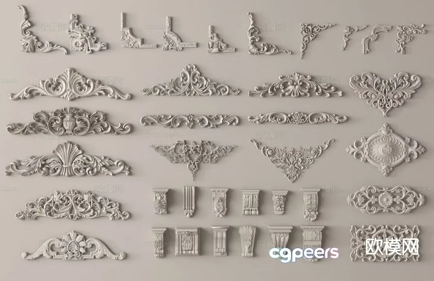 French gypsum line gypsum components carving corner flowers lamp plate 3d model