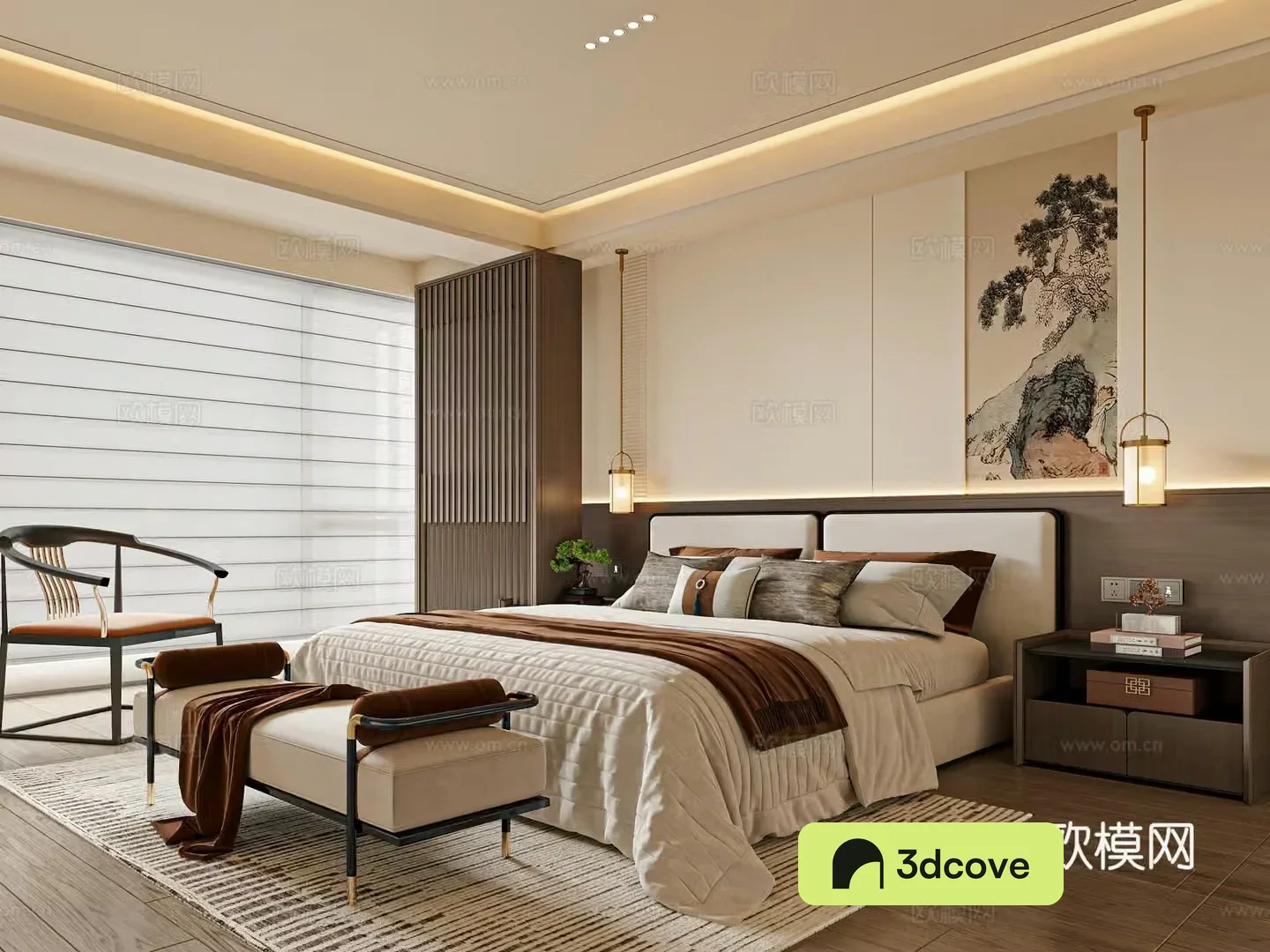 New Chinese style bedroom double bed nightstand