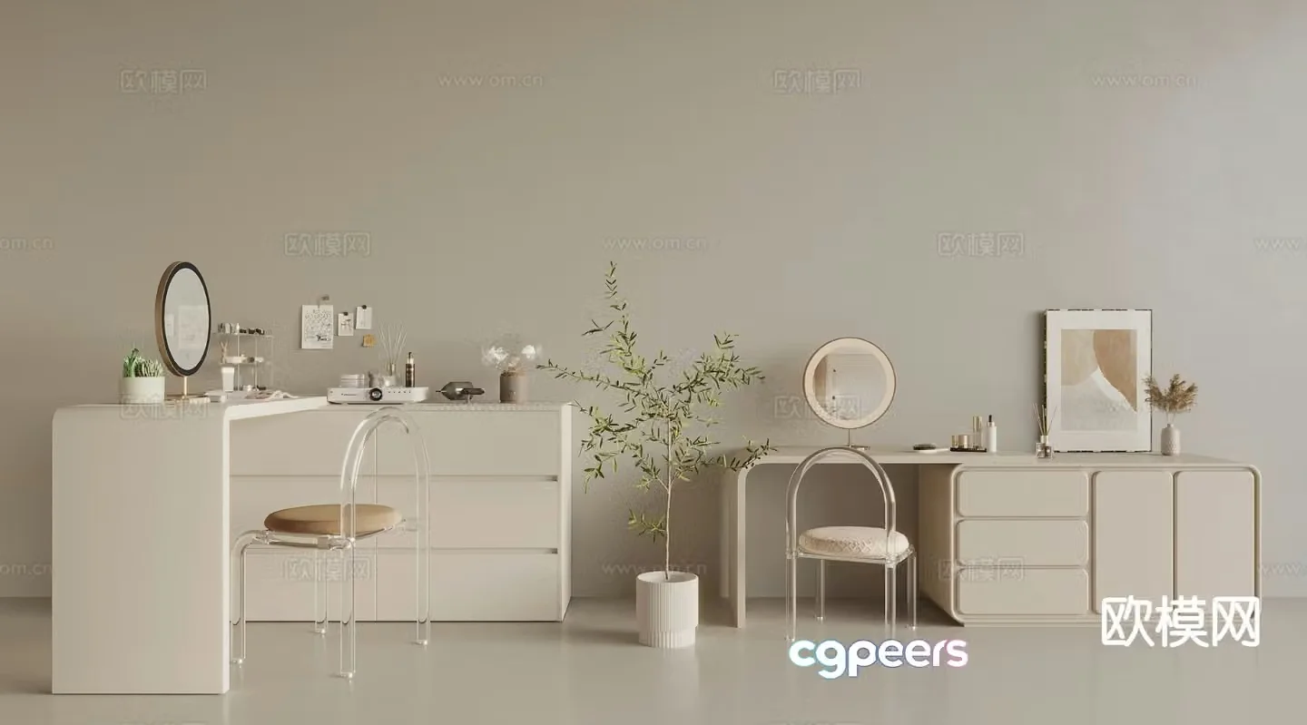 Cream style dressing table makeup table makeup stool makeup table 3D model