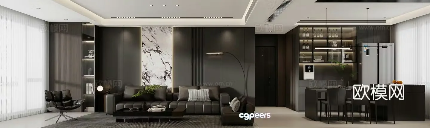 Black white and gray living and dining room 3D model