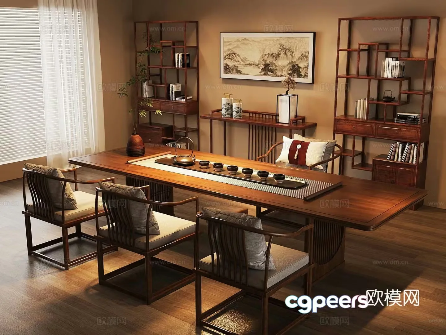 New Chinese-style tea room solid wood tea table and chair ancient shelf tea set 3D model