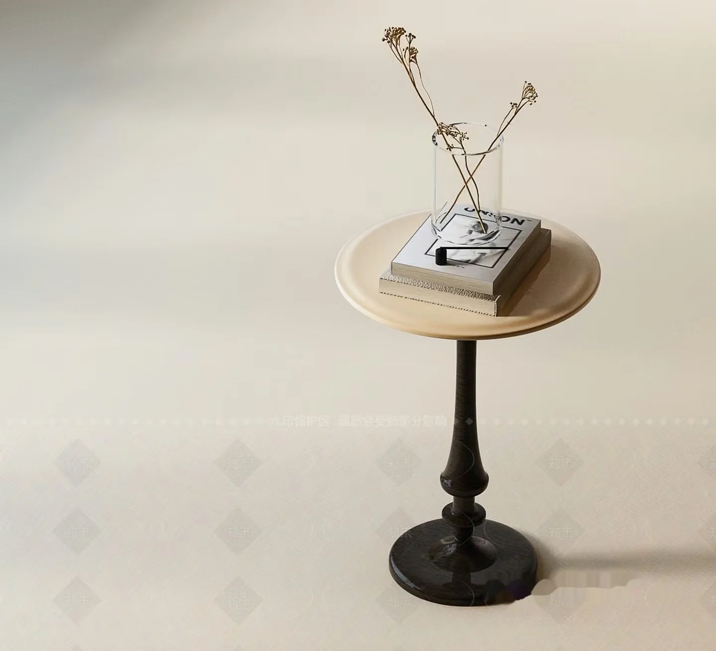 A Small Round Table With A Vase And Book On Top 3D Model – 22178 – VRAY Render
