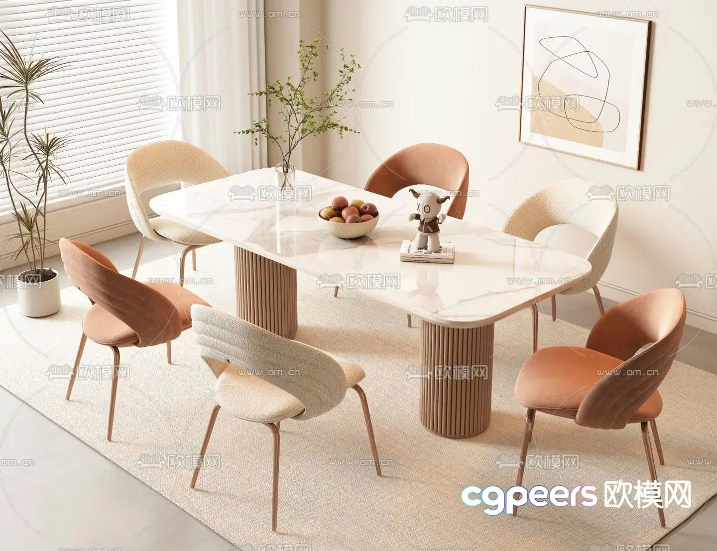 Cream style dining table and chairs strip dining table 3d model