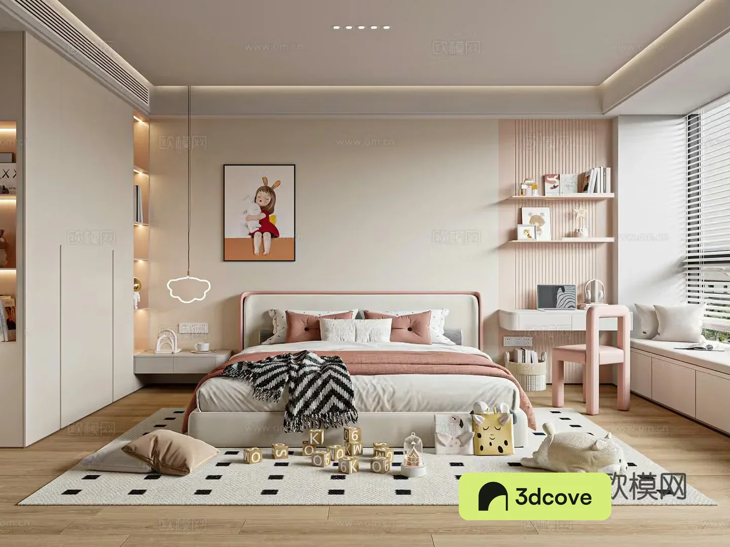 Modern creamy children’s room girls room double bed wardrobe