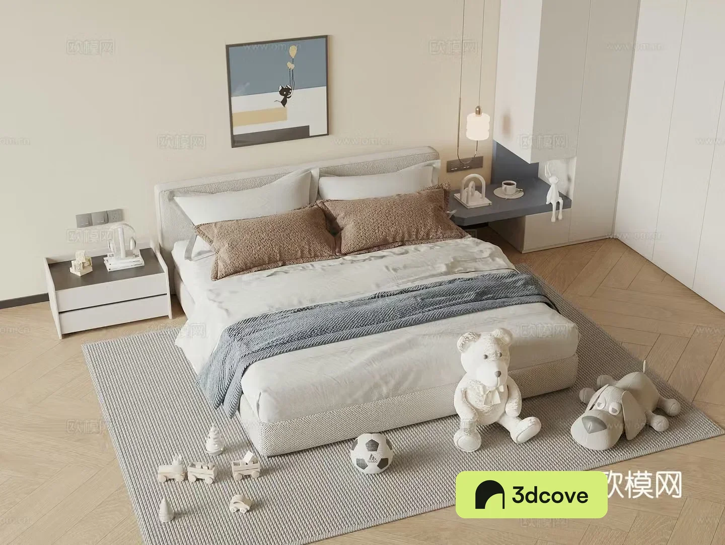 Modern boy room double bed Children room double bed Wardrobe Bedside table Hanging painting