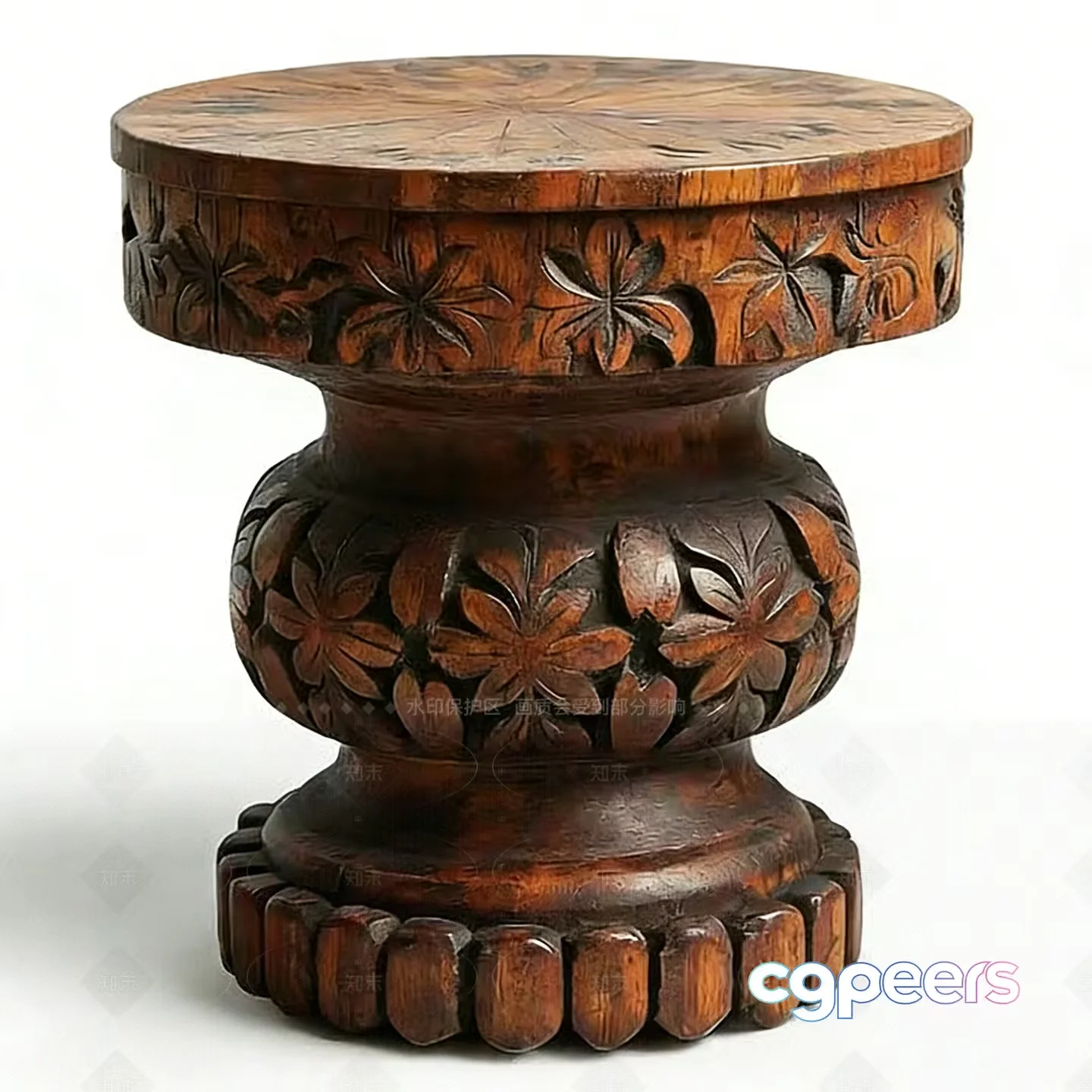 A Wooden Stool With A Floral Design 3D Model – 16628 – VRAY Render