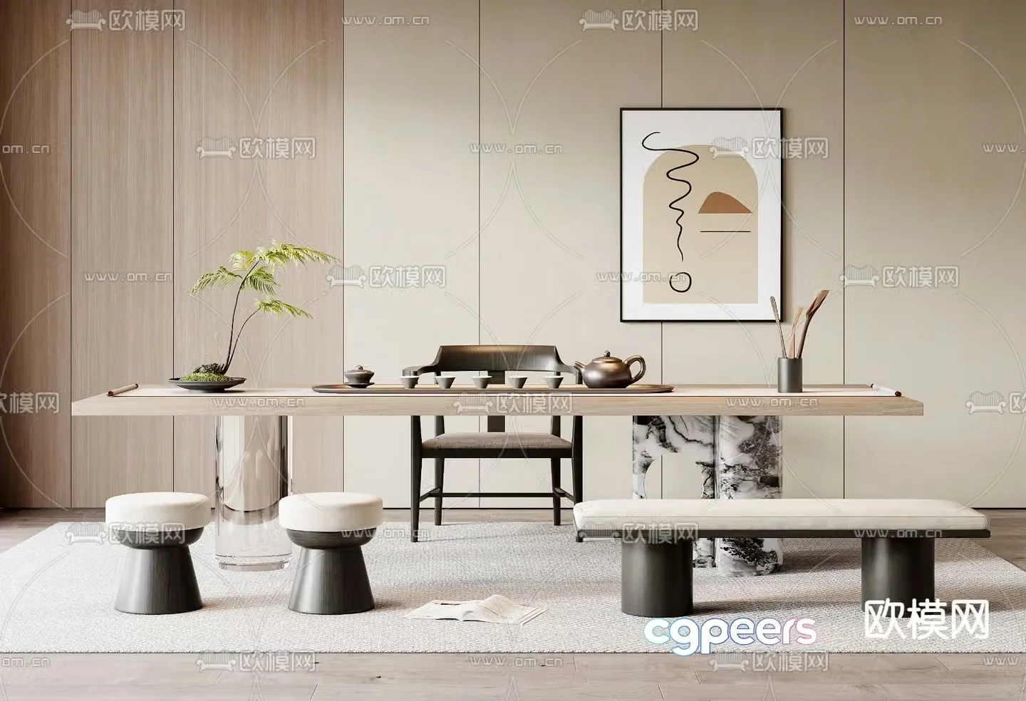 Modern tea table and chairs 3d model