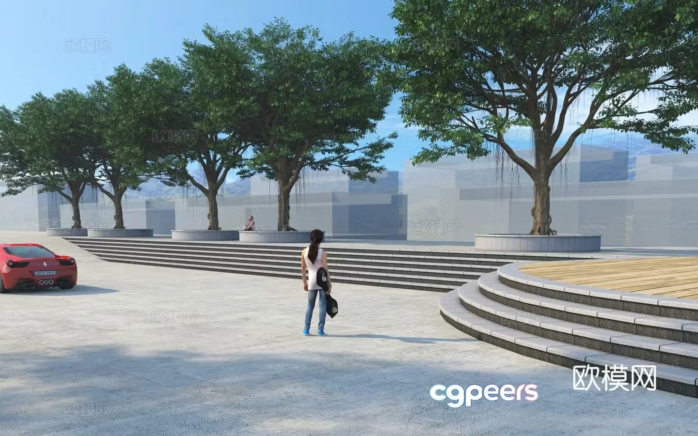 Park landscape stairs tree pool banyan tree 3d model 3d model