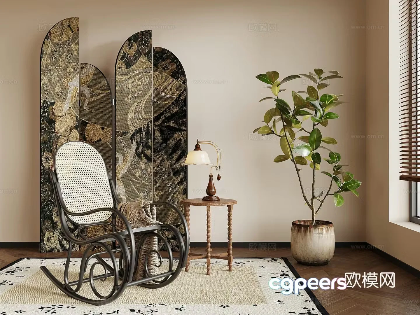 French retro style leisure chair screen potted green plants 3D model