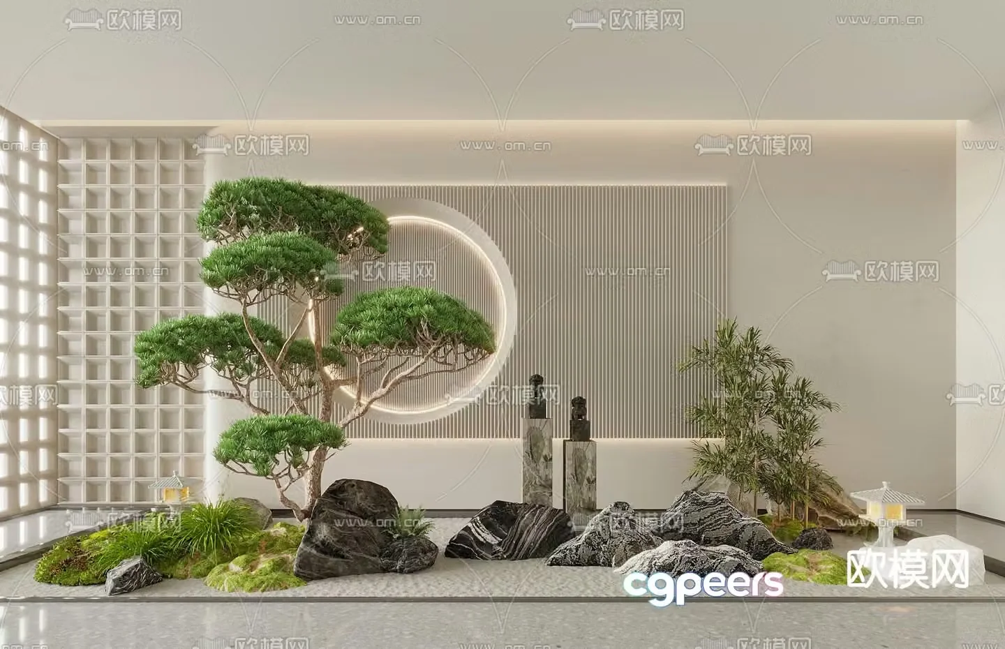Landscape sketch pine tree landscaping stone lion sculpture 3D model