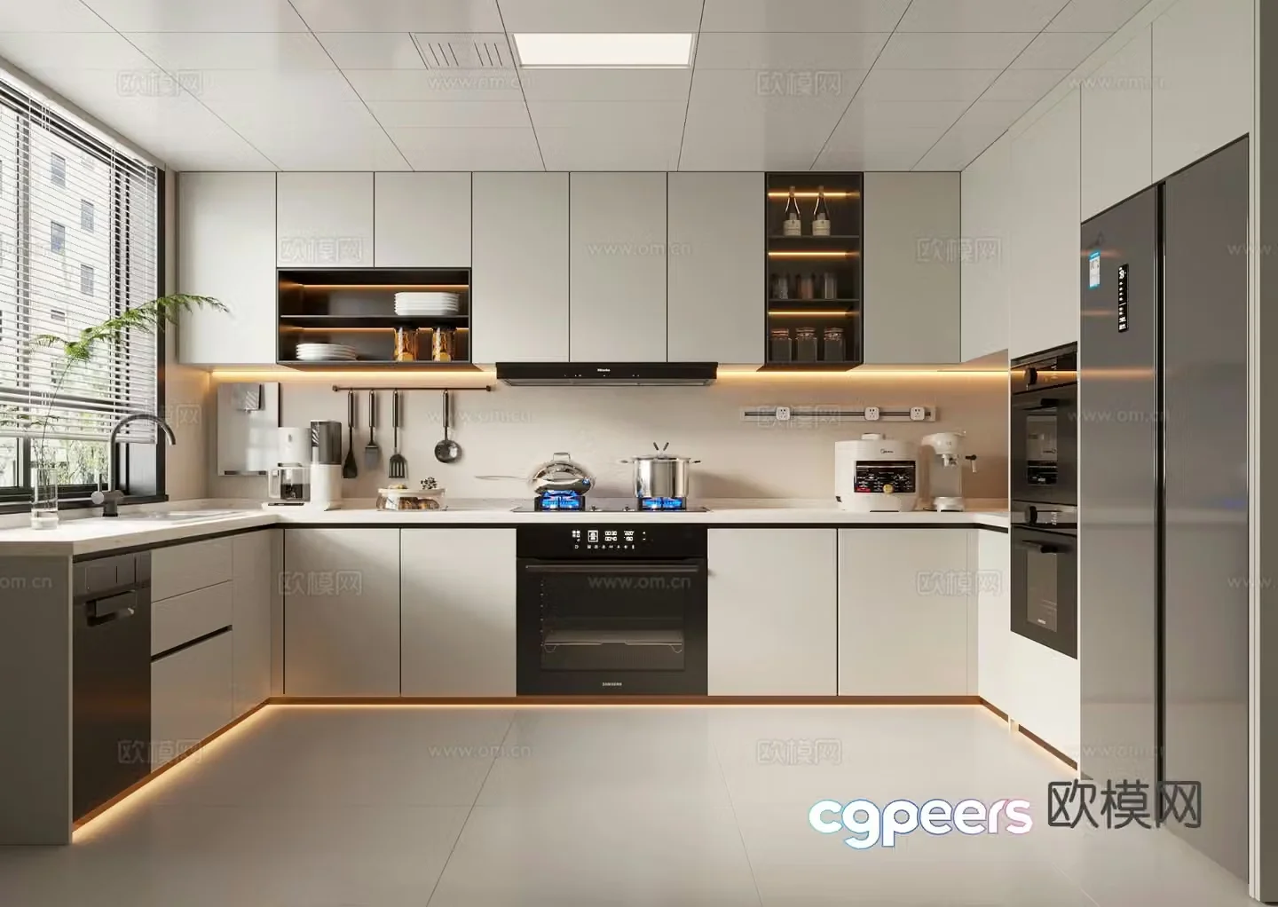 Creamy kitchen cabinet kitchen utensils stove refrigerator kitchen appliances 3d model