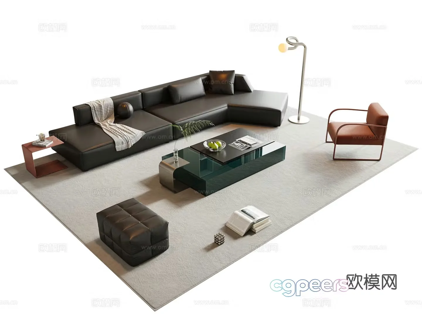 Italian sofa coffee table combination corner sofa leather sofa multi-person sofa square coffee table 3D model