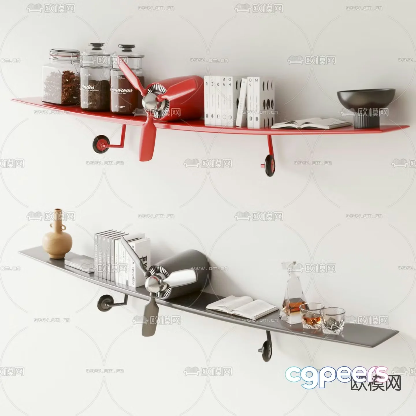 Modern airplane shape children’s bookshelf 3D model