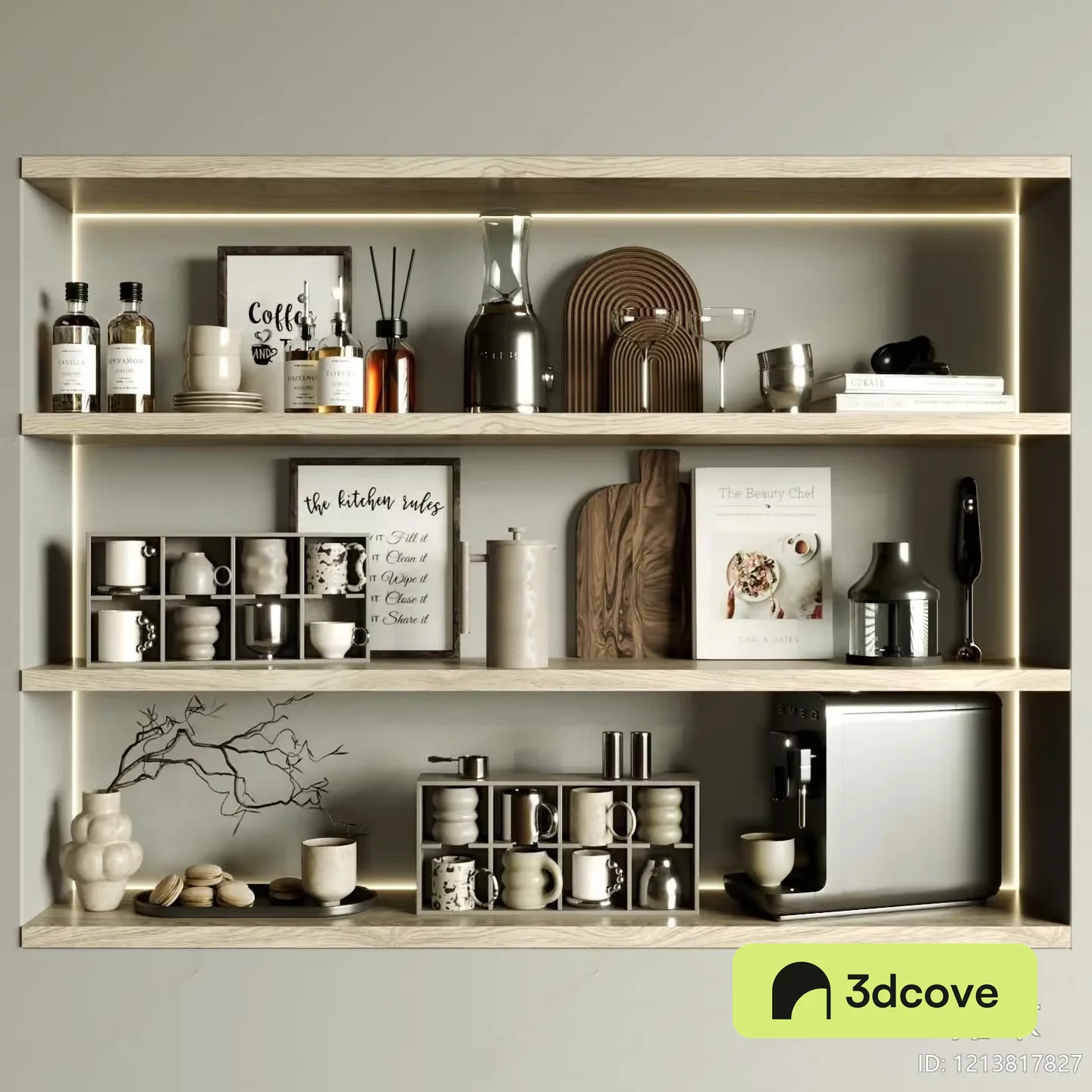 A Kitchen Shelf With Various Items