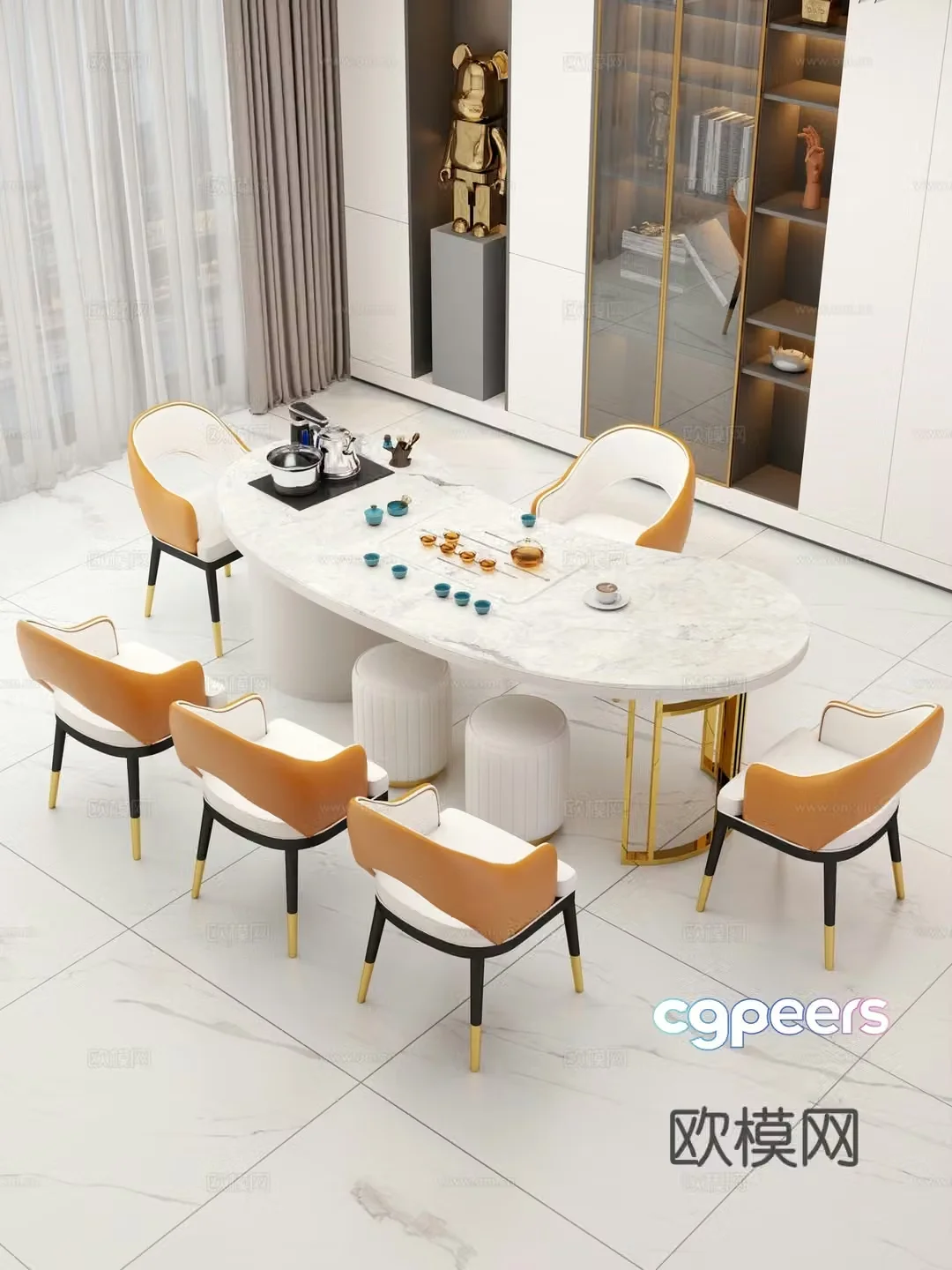 Creamy large plate table tea table and chair combination tea table tea table tea room tea table balcony tea table 3D model