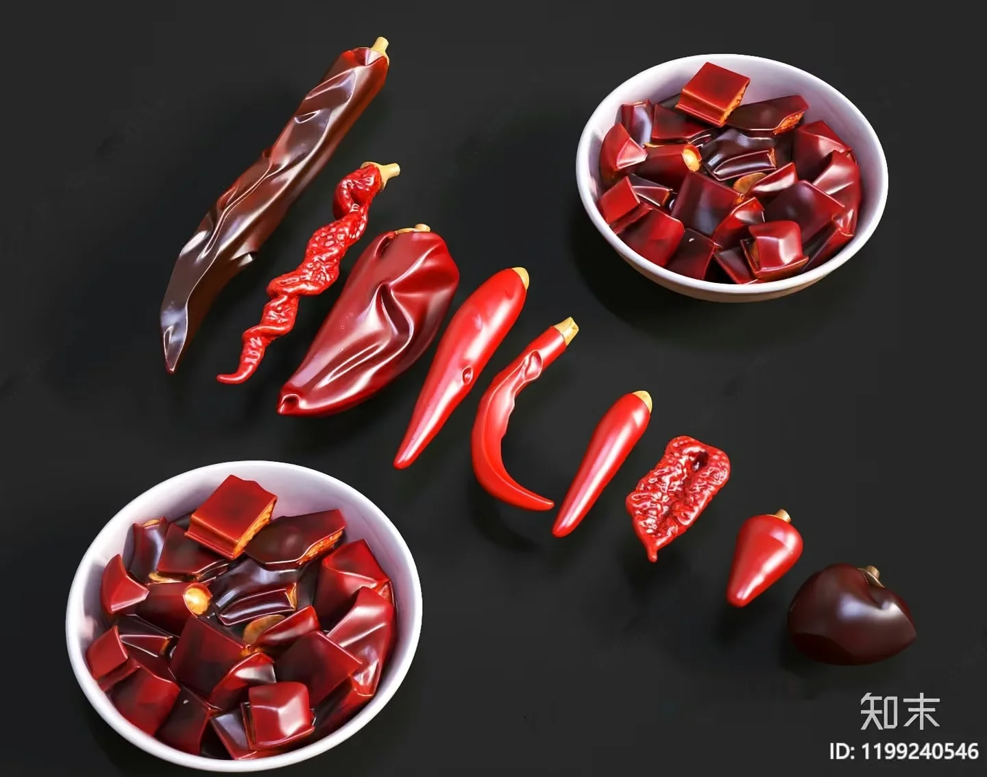 Red Chili Peppers In Bowls 3D Model – 5658 – VRAY Render