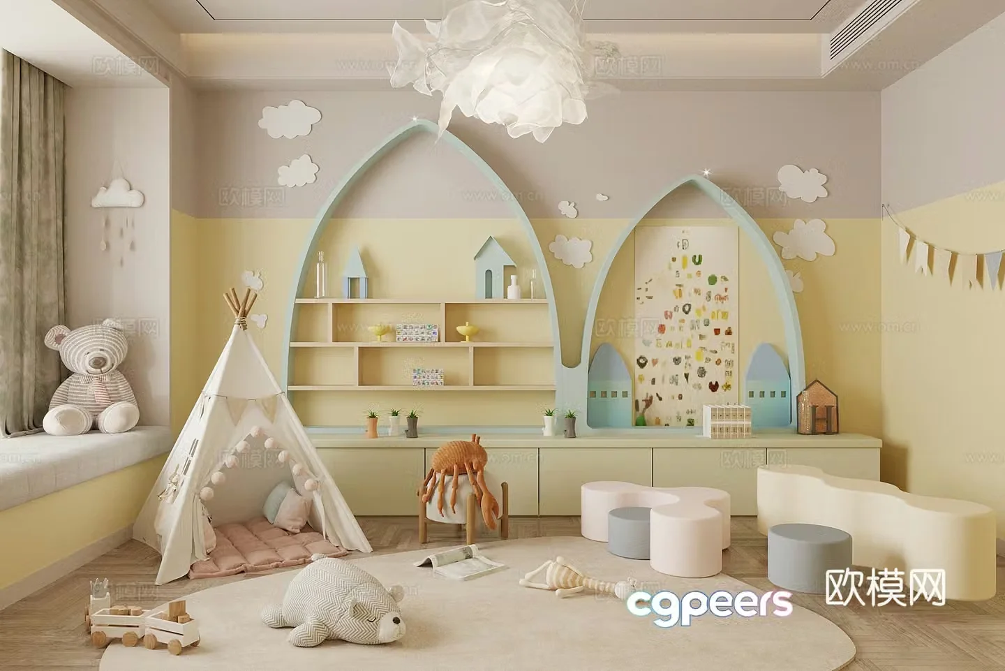 Children’s Recreation Room Toy Room Children’s Room Children’s Bookcase Children’s Tent Chandelier 3D Model
