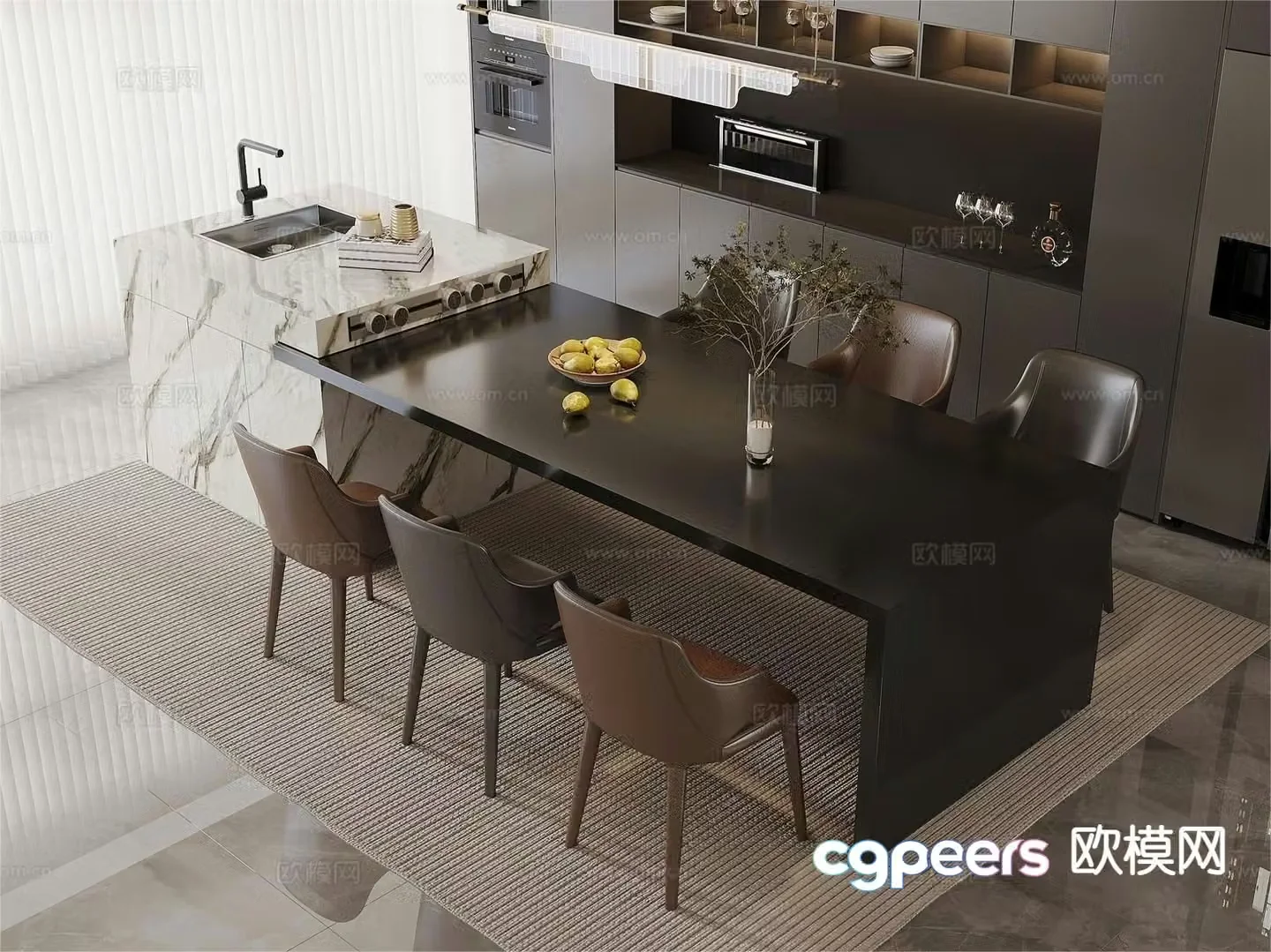 Modern island table dining table and chairs 3d model