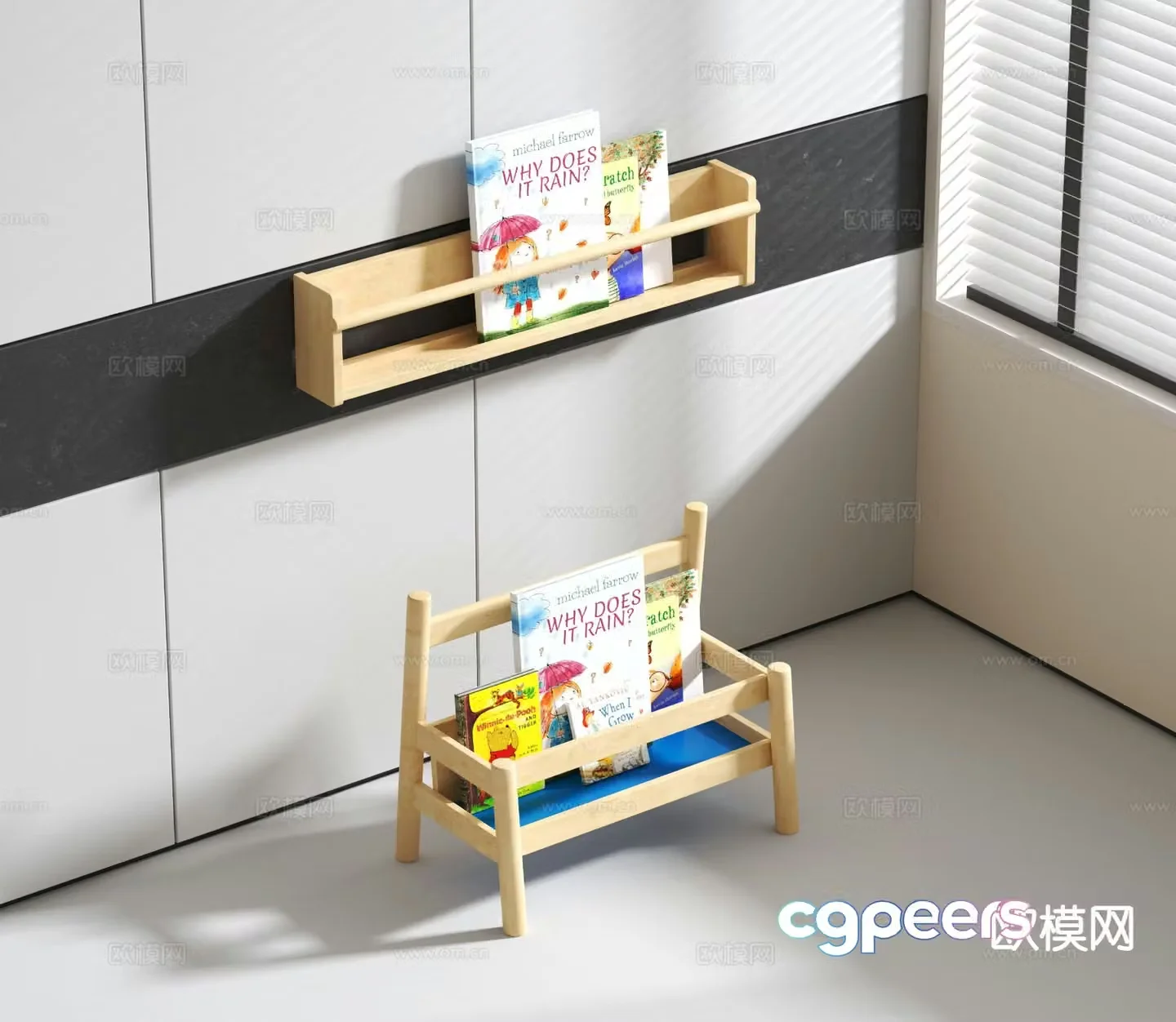 Log style children’s bookshelf 3D model