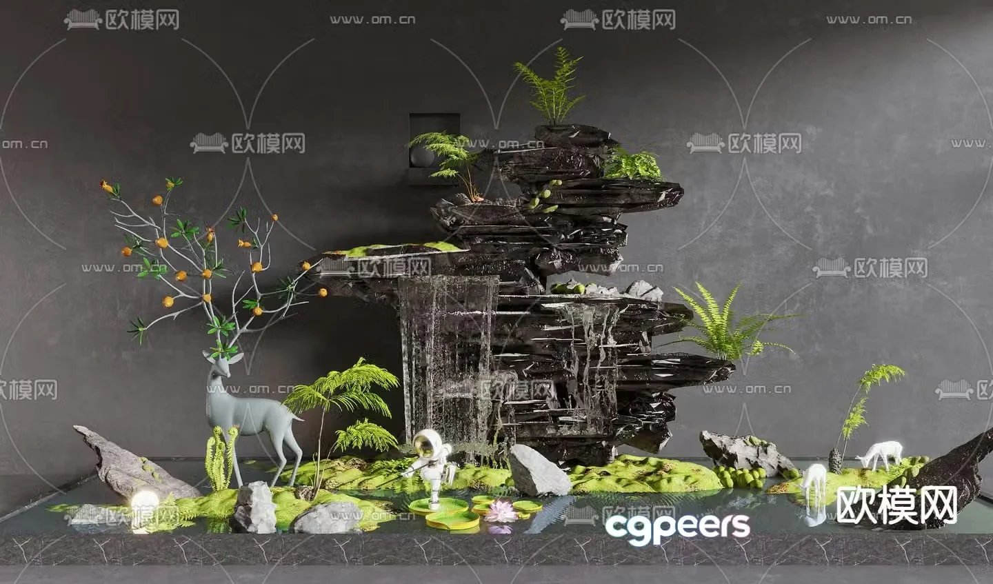 Landscape sketch rockery and waterscape deer sculpture 3D model