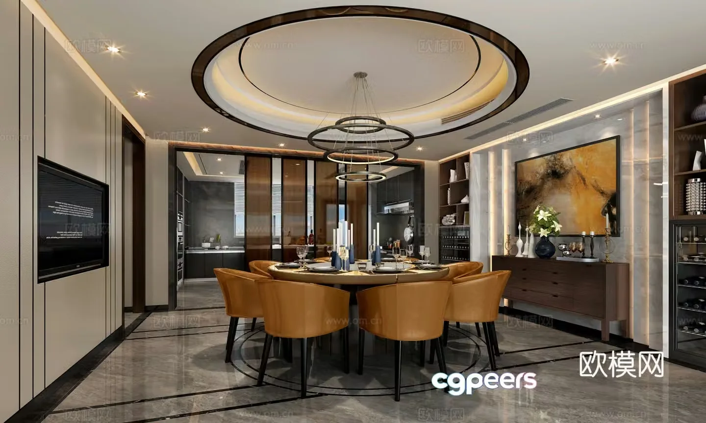 New Chinese restaurant Dining table Dining chair Entrance Restaurant background wall Jewelry combination Tableware 3D model