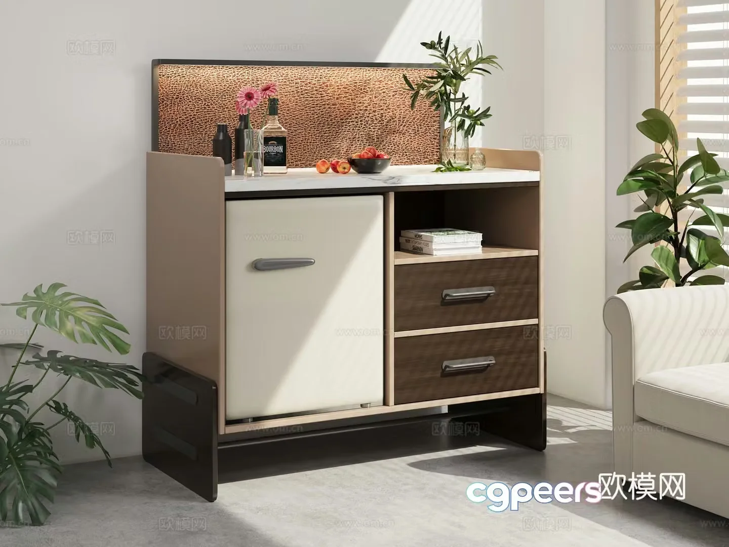 Modern simple dining side cabinet living room reception room side cabinet solid wood marble tea cabinet refrigerator storage cabinet 3D model