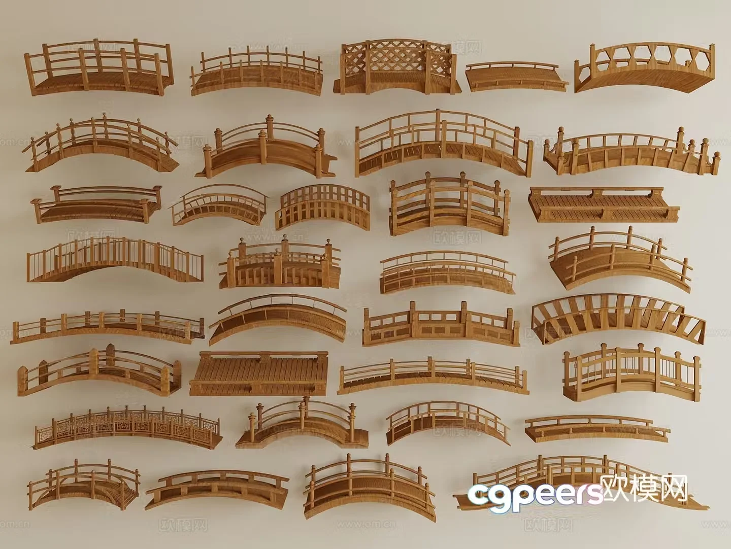 New Chinese-style landscape bridge wooden bridge wooden plank road trestle arch bridge 3D model