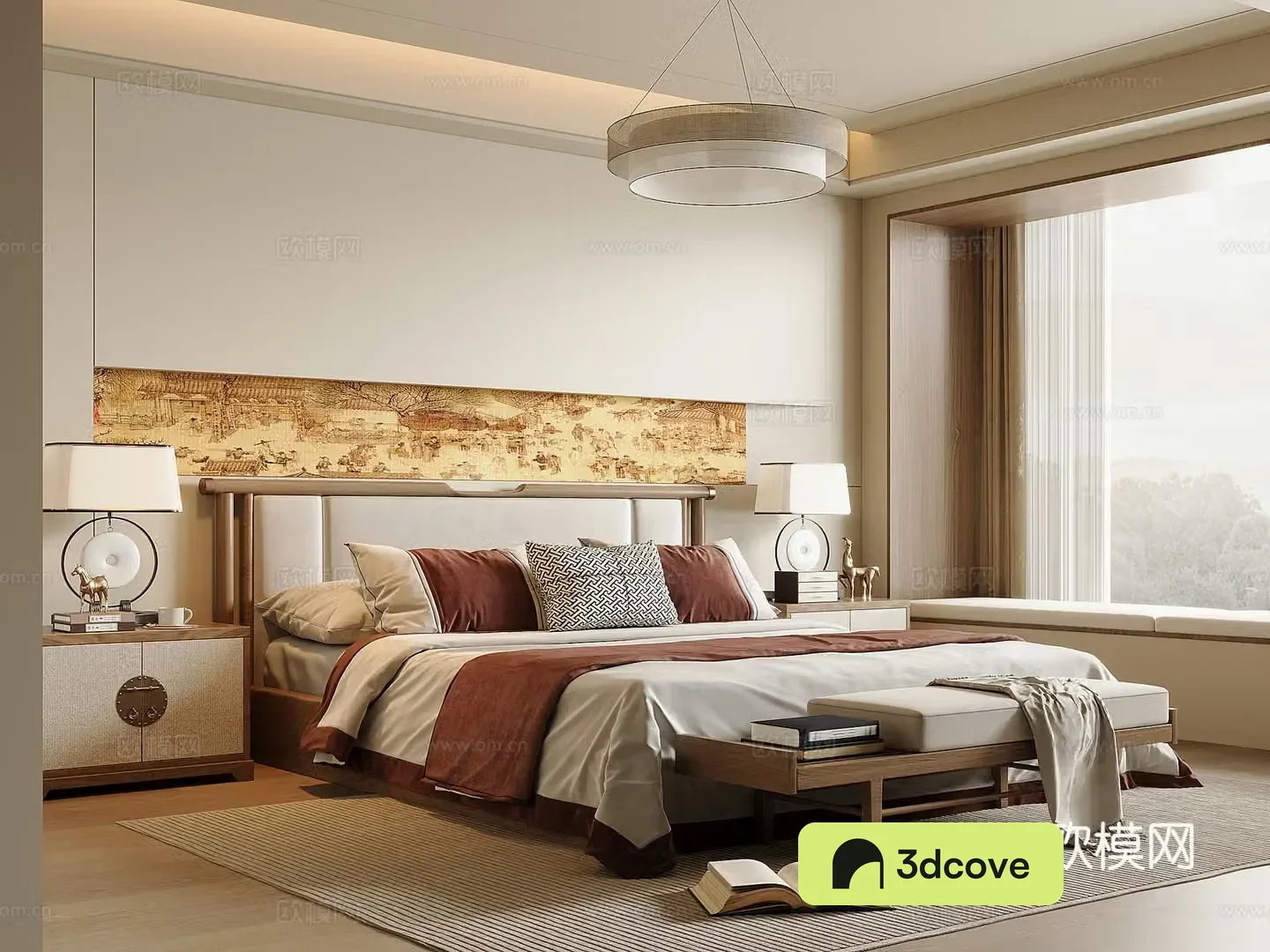 New Chinese style bedroom Song style solid wood double bed nightstand bed end stool Chinese style chandelier