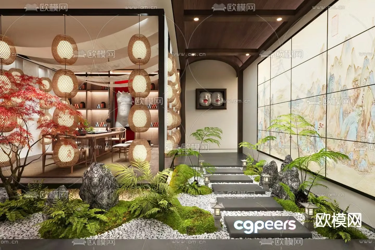 New Chinese style aisle interior landscape teahouse landscaping 3D model