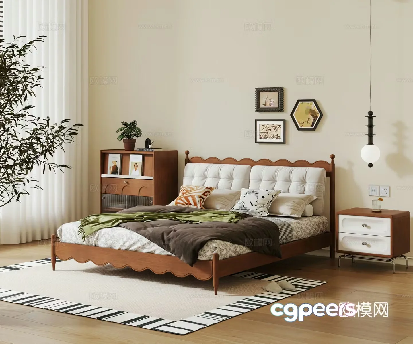 French retro style double bed solid wood double bed solid wood bed nightstand 3D model
