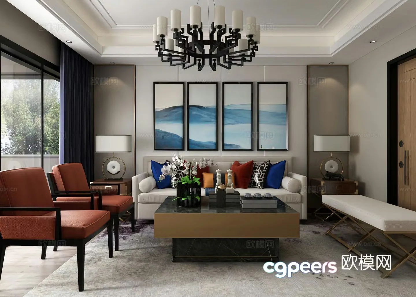 Living room New Chinese style fabric sofa combination chandeliers curtains table lamp 3d model