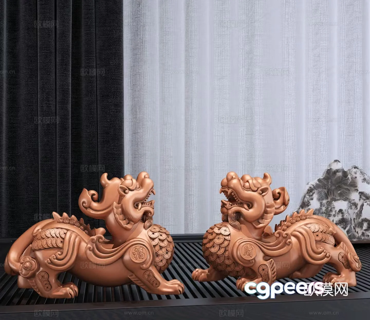 Modern new Chinese style money Pixiu sculpture art ornament combination 3D model