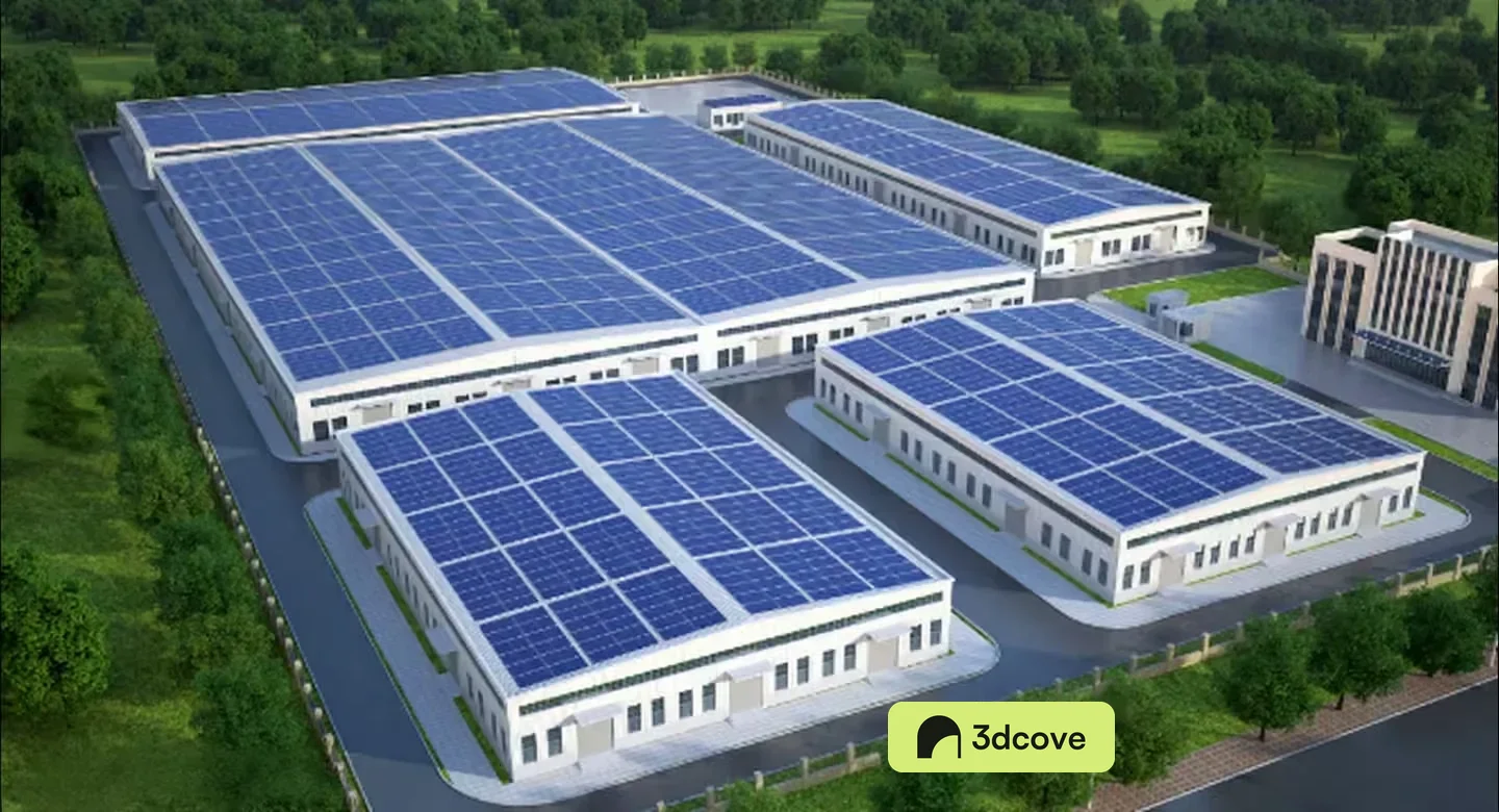 A Large Industrial Building With Solar Panels On The Roof