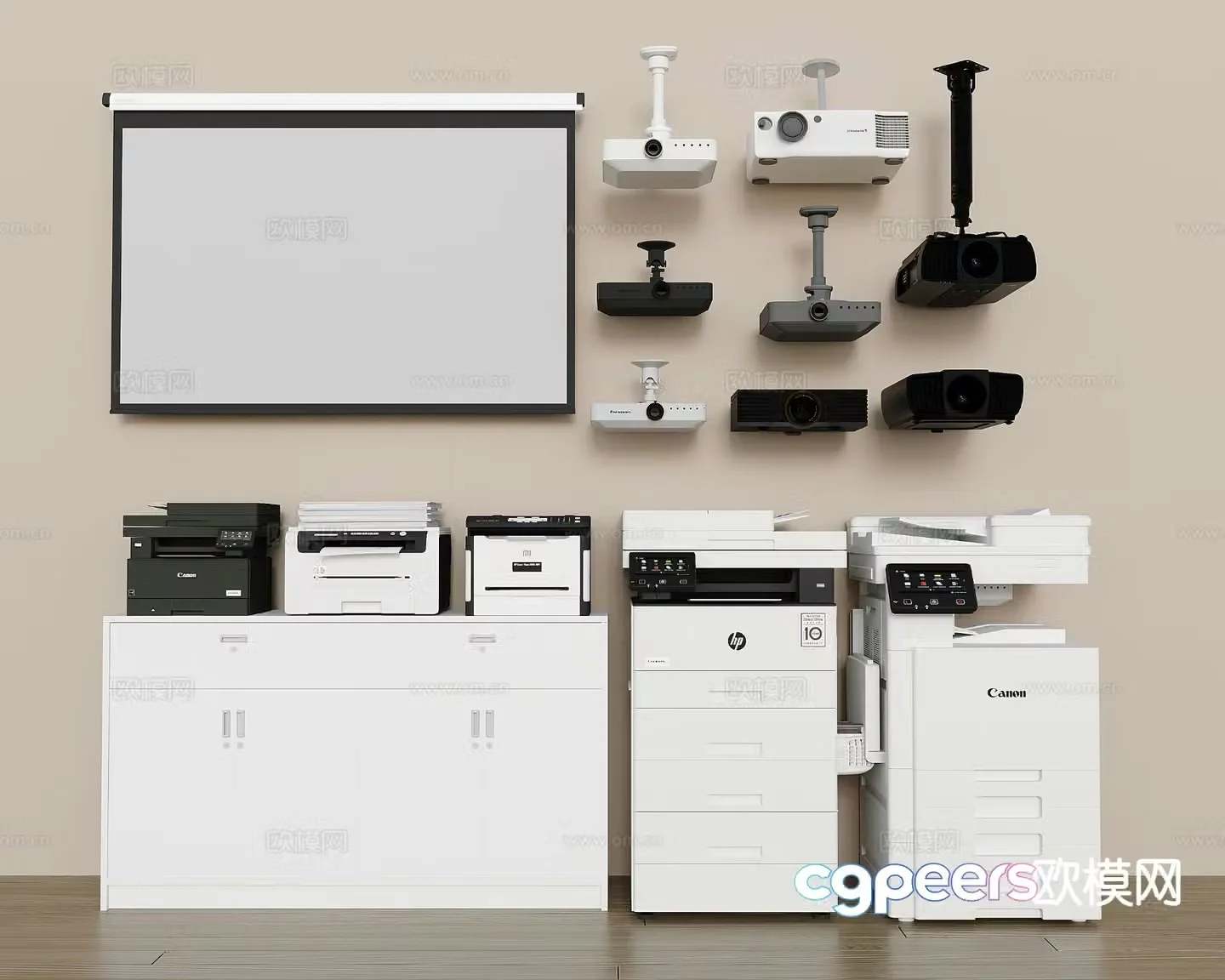 Modern office supplies printer file cabinet projector projection cloth 3d model