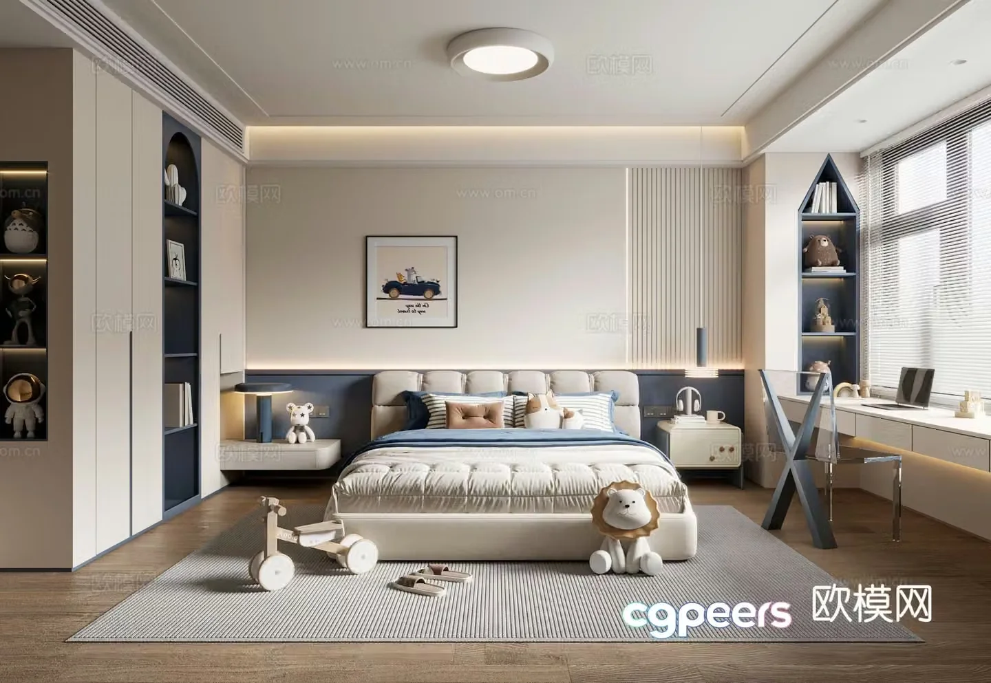 Creamy children’s room boy’s room children’s double bed children’s wardrobe children’s desk and chair 3d model