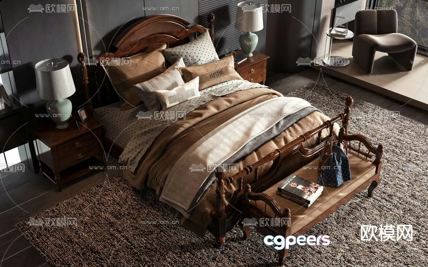 American double bed 3d model