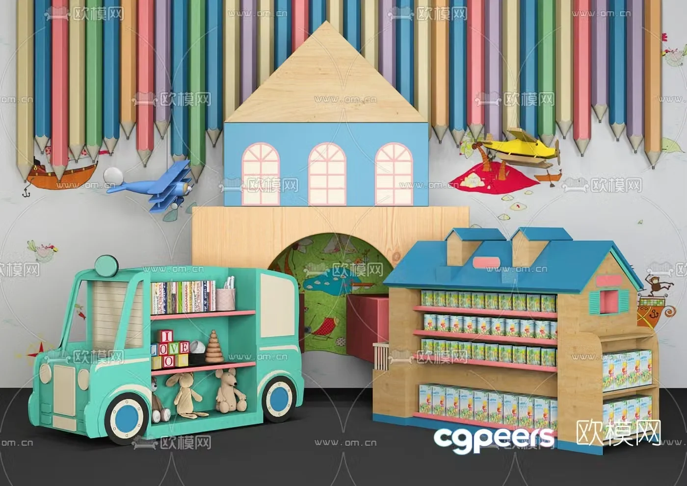 Modern cartoon building block house toy 3d model